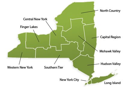Map of New York State depicting the ten different regions.